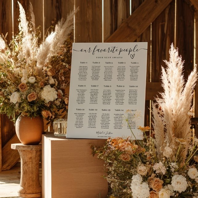 Modern Elegant 15 stolar Bröllopsplatskarta Poster (Modern Elegant 15 tables Wedding Seating Chart poster)