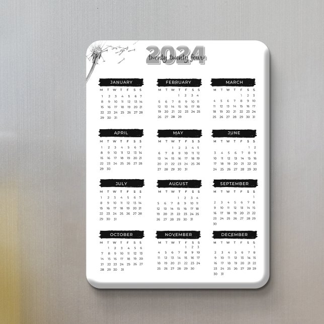 Modern Elegant 2024-kalender, svart och vit Magnet (Modern Elegant 2024 Calendar Black And White Magnet)