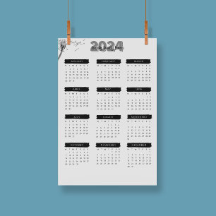 Modern Elegant 2024-kalender, svart och vit Poster