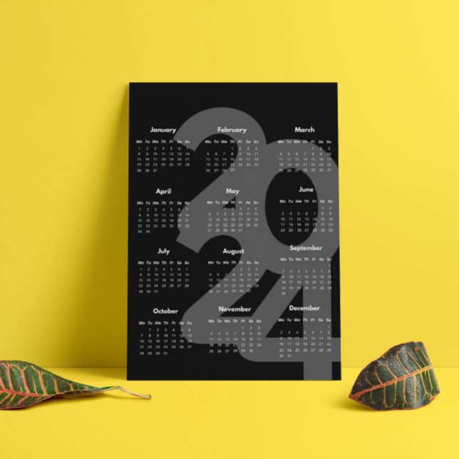 Modern Elegant 2024-kalender, svart och vit Poster (Modern Elegant 2024 Calendar Black And White Poster)