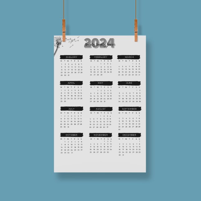 Modern Elegant 2024-kalender, svart och vit Poster (Modern Elegant 2024 Calendar Black And White Poster)