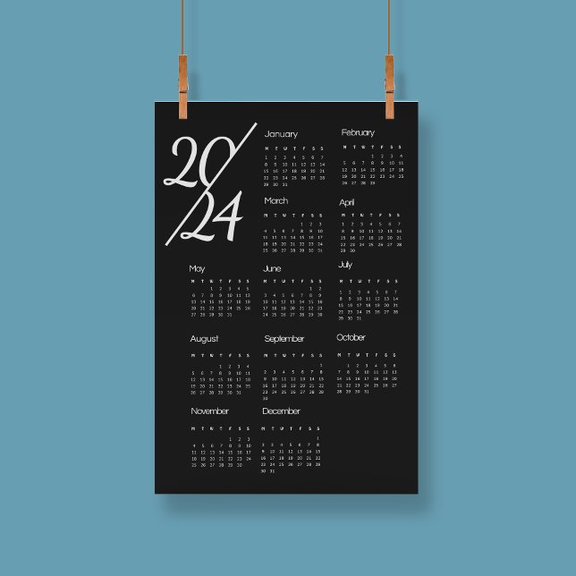 Modern Elegant 2024-kalender, svart och vit Poster (Modern Elegant 2024 Calendar Black And White Poster)