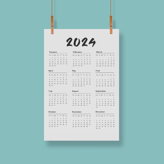 Modern Elegant 2024-kalender, svart och vit Poster (Modern Elegant 2024 Calendar Black And White Poster)