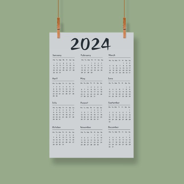 Modern Elegant 2024-kalender, svart och vit Poster (Modern Elegant 2024 Calendar Black And White Poster)