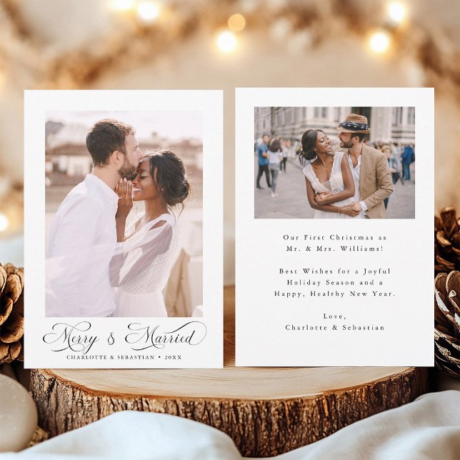 Modern Elegant 2-foto, Merry & Married Julkort (Front & Back)