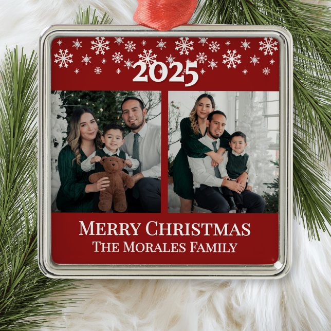 Modern Elegant 2 Photo Red Keepsake Family Julgransprydnad Metall (modern elegant 2 photo keepsake family ornament for parents grandparents with custom name and year)