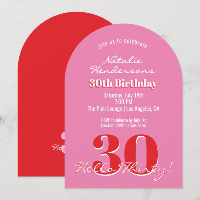 Modern Elegant 30th Birthday Pink Red Minimalist  Inbjudningar (Fram/baksida)