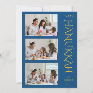Modern Elegant 3 Photo Collage Blue Guld Hanukah Julkort