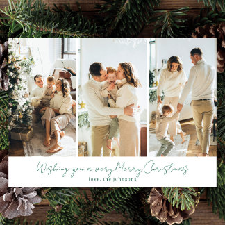 Modern Elegant 3 Photo Green Script Julkort