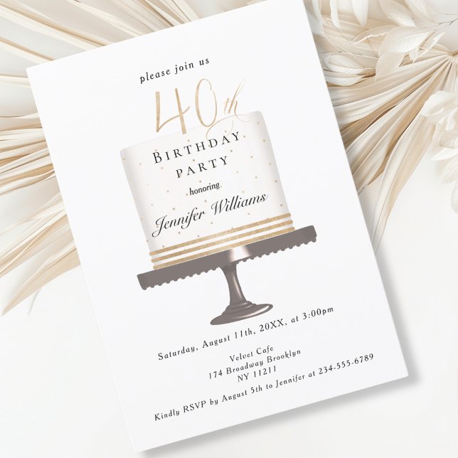 Modern, elegant 40. födelsedagsinbjudan inbjudningar (Modern, elegant, luxury, white & gold, 40. birthday invitation with cake illustration.)