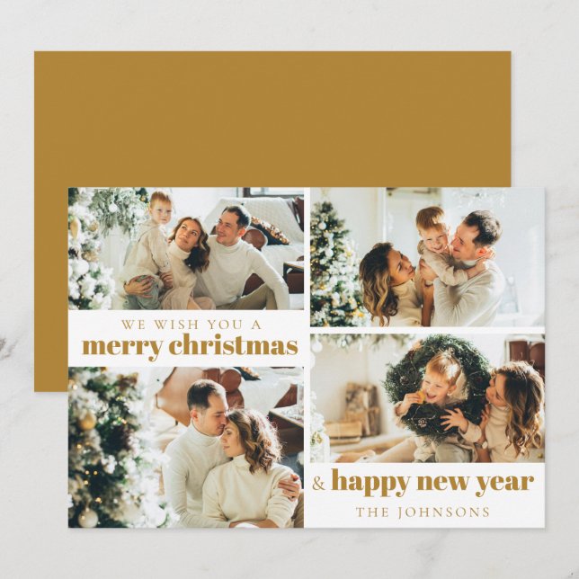 Modern Elegant 4-fotopatkortet Guld Helgdag Julkort (Fram/baksida)