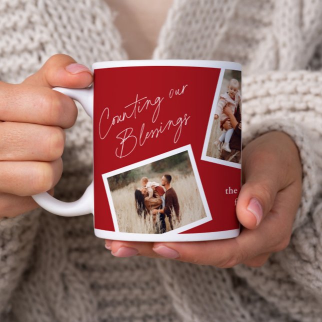 Modern Elegant 4 Photo Collage Family Gift Jumbo Mugg (A modern counting our blessings script 4 photo collage mug in red.)