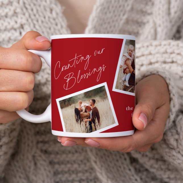 Modern Elegant 4 Photo Collage Family Gift Kaffemugg (A modern counting our blessings script 4 photo collage mug in red.)