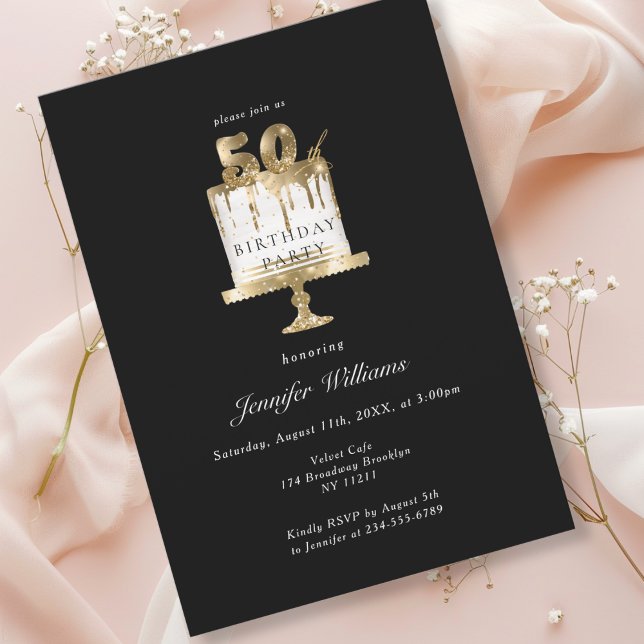 Modern, elegant 50, svart inbjudan på födelsedagen (Modern, elegant, luxury, black & gold, 50. birthday invitation with cake illustration.)