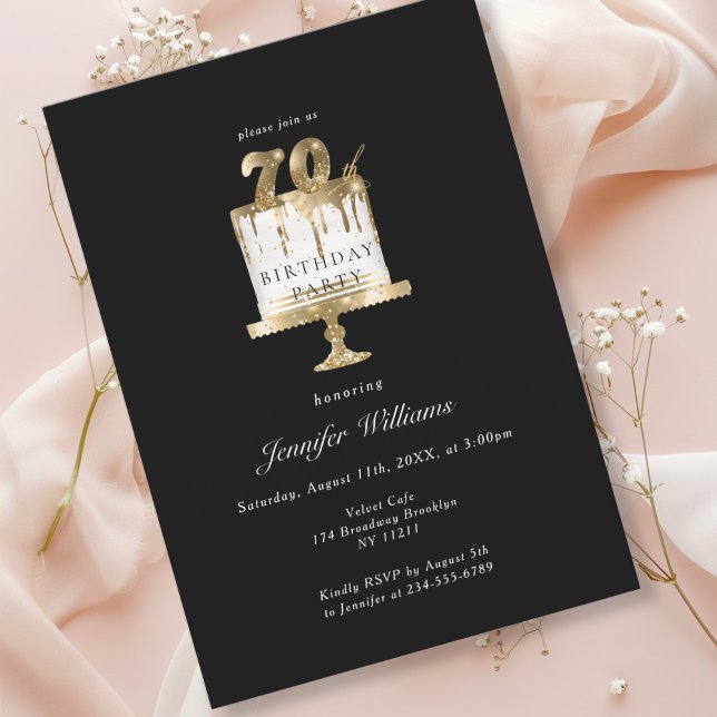 Modern, elegant 70, svart inbjudan på födelsedagen (Modern, elegant, luxury, black & gold, 70. birthday invitation with cake illustration.)