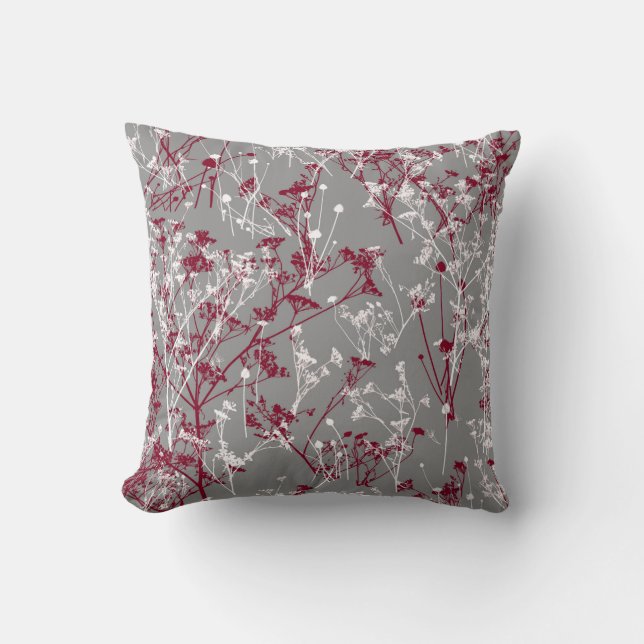 Modern Elegant Abstrakt Grått Burgundy-Blommigt Kudde (Framsida)