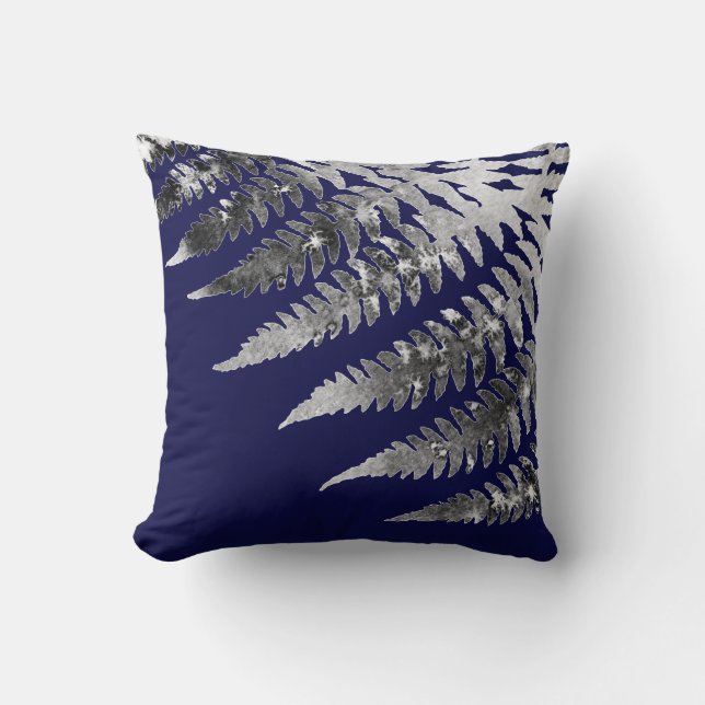 Modern Elegant Abstrakt Grått Watercolor Fern Navy Kudde (Framsida)