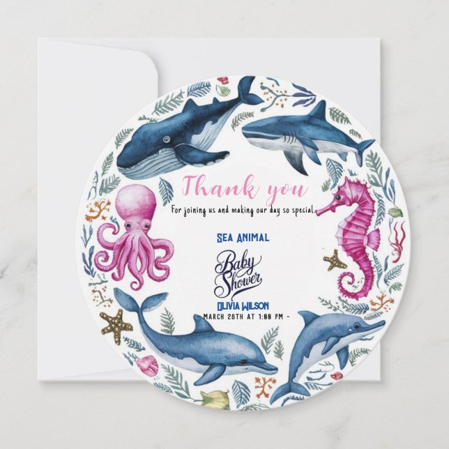 Modern elegant akvarell Havsdjur baby shower Tack Kort (Framsida)