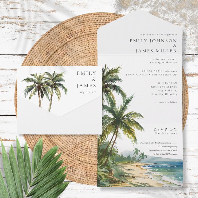 Modern Elegant Akvarell Tropisk Strand Bröllop (Modern Elegant Watercolor Tropical Beach Wedding All In One Invitation)