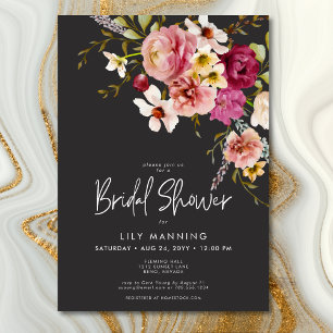Modern Elegant Äng Floral Svart Bröllopsdusch Inbjudningar