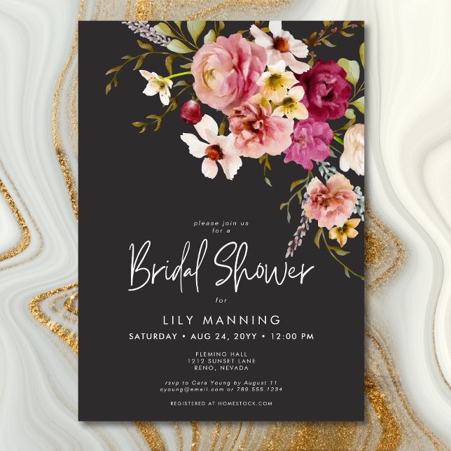 Modern Elegant Äng Floral Svart Bröllopsdusch Inbjudningar (Modern Elegant Meadow Floral Black Bridal Luncheon Invitation)