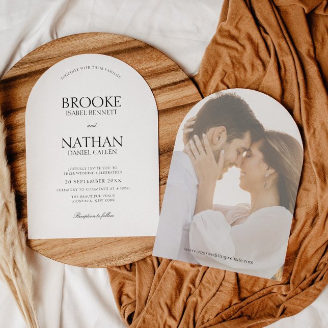 Modern Elegant Arch Black & White Photo Bröllop Inbjudningar (Skapare uppladdad)