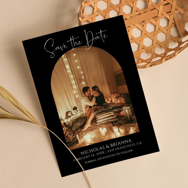 Modern Elegant Arch Photo Black White Boho Bröllop Spara Datumet (Skapare uppladdad)