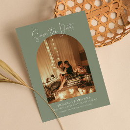 Modern Elegant Arch Photo Sage Grönt Boho Bröllop Spara Datumet