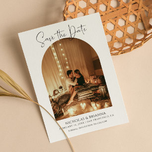 Modern Elegant Arch Photo White Boho Bröllop Spara Datumet