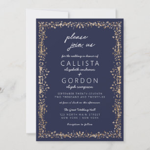 Modern Elegant Artsy Navy Blue Guld Bröllop Inbjudningar
