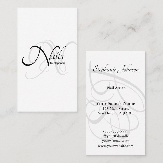 Modern Elegant B&W Monogram Typography Nail Artist Visitkort (Fram/baksida)