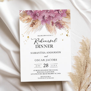 Modern Elegant Beauty Rosa Orchid & Pampas & Guld Inbjudningar