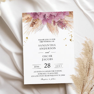Modern Elegant Beauty Rosa Orchid & Pampas & Guld Inbjudningar
