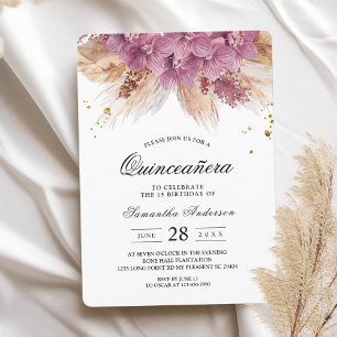 Modern Elegant Beauty Rosa Orchid & Pampas & Guld Inbjudningar