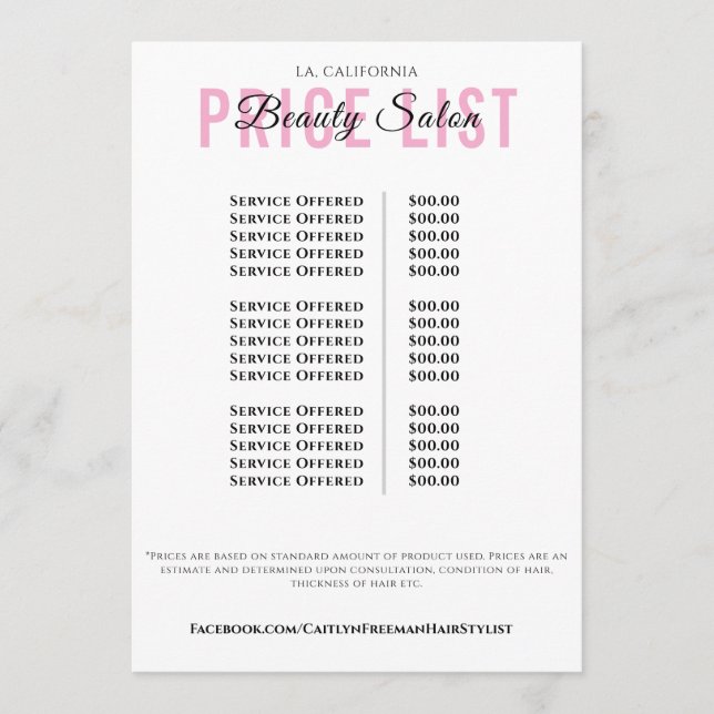 Modern Elegant Beauty Salon Price List Meny (Framsida)