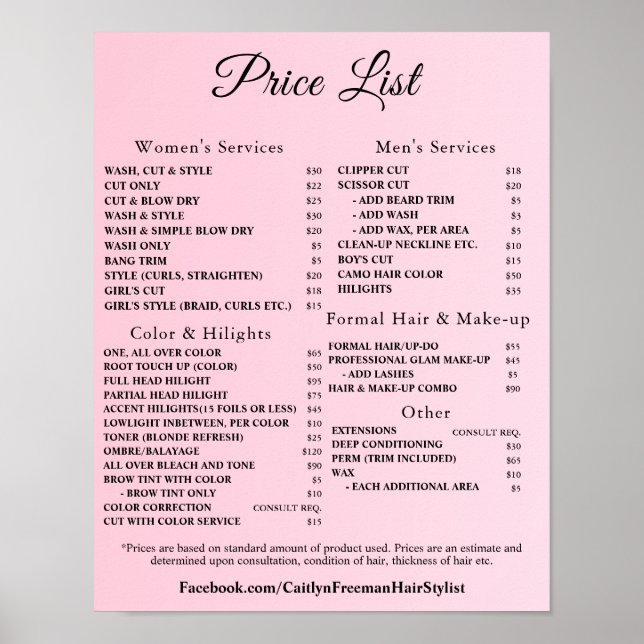 Modern Elegant Beauty Salon Price List Poster (Framsidan)