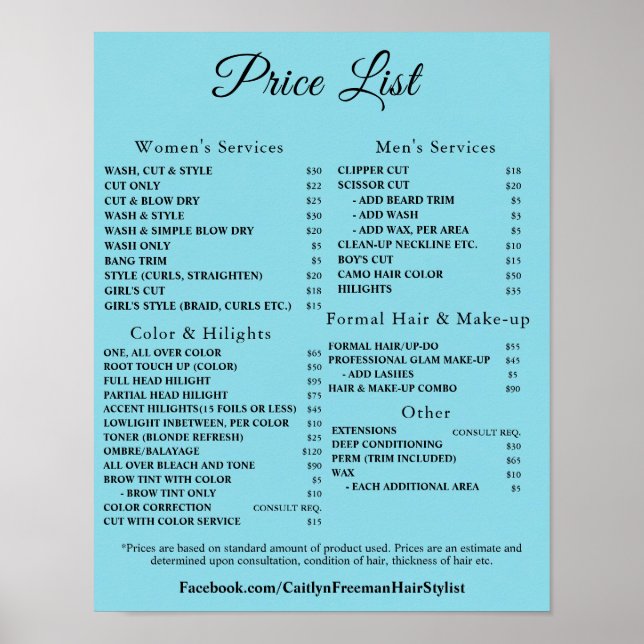 Modern Elegant Beauty Salon Price List Poster (Framsidan)
