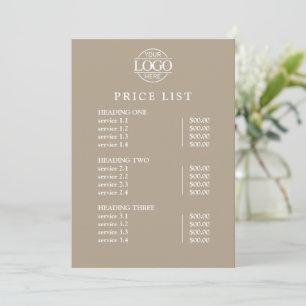 Modern Elegant Beige Logotyp Service Meny Prislist