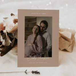 Modern Elegant Beige Script Foto Graviditet Meddelande