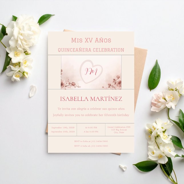 Modern Elegant Bilingual Quinceanera Birthday Inbjudningar (Skapare uppladdad)