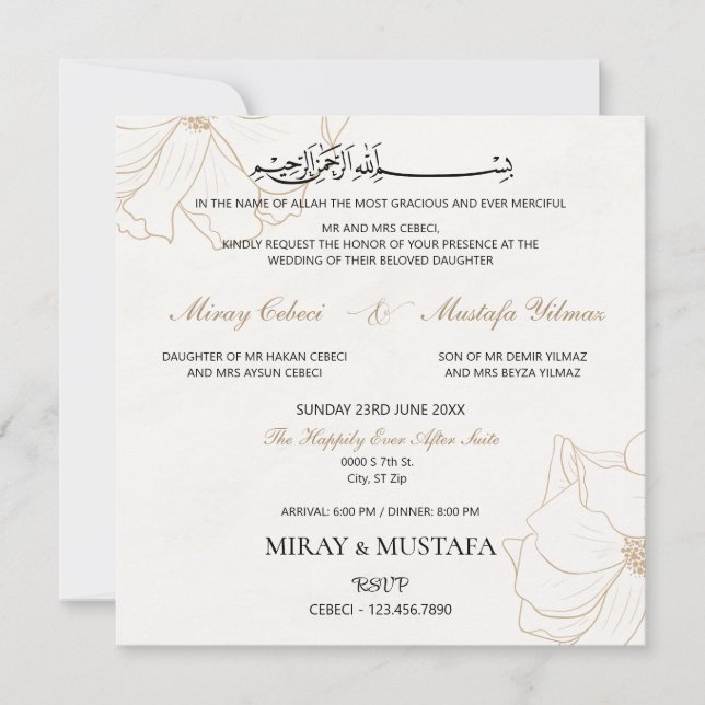 Modern Elegant Bismillah Islamic Muslim Bröllop Inbjudningar (Framsida)