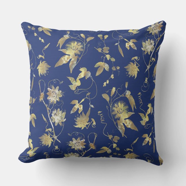 Modern Elegant Blå Guld Blommig Kudde (Framsida)