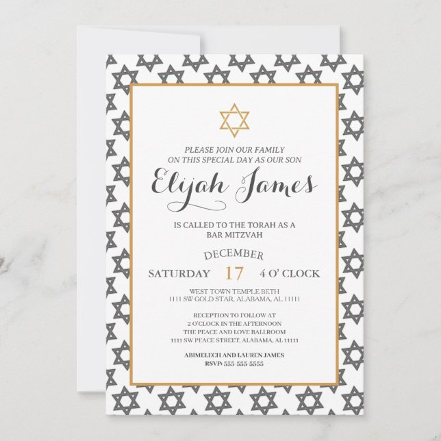 Modern Elegant Blå Guld Davidstjärna Bar Mitzvah Inbjudningar (Framsida)