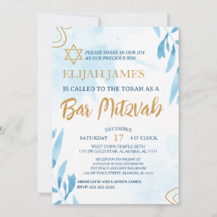 Modern Elegant Blå Guld Davidstjärna Bar Mitzvah Inbjudningar