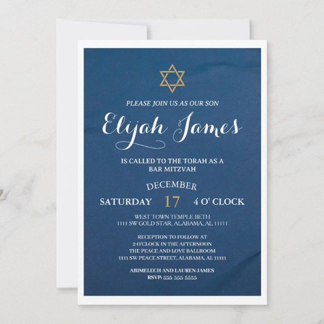 Modern Elegant Blå Guld Davidstjärna Bar Mitzvah Inbjudningar (Framsida)