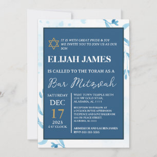 Modern Elegant Blå Guld Davidstjärna Bar Mitzvah Inbjudningar