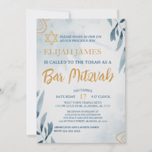 Modern Elegant Blå Guld Davidstjärna Bar Mitzvah Inbjudningar