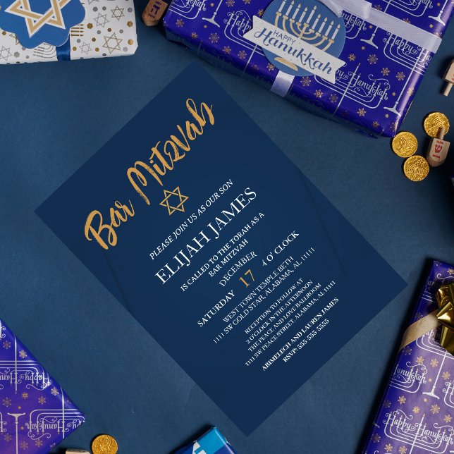 Modern Elegant Blå Guld Davidstjärna Bar Mitzvah Inbjudningar (Skapare uppladdad)
