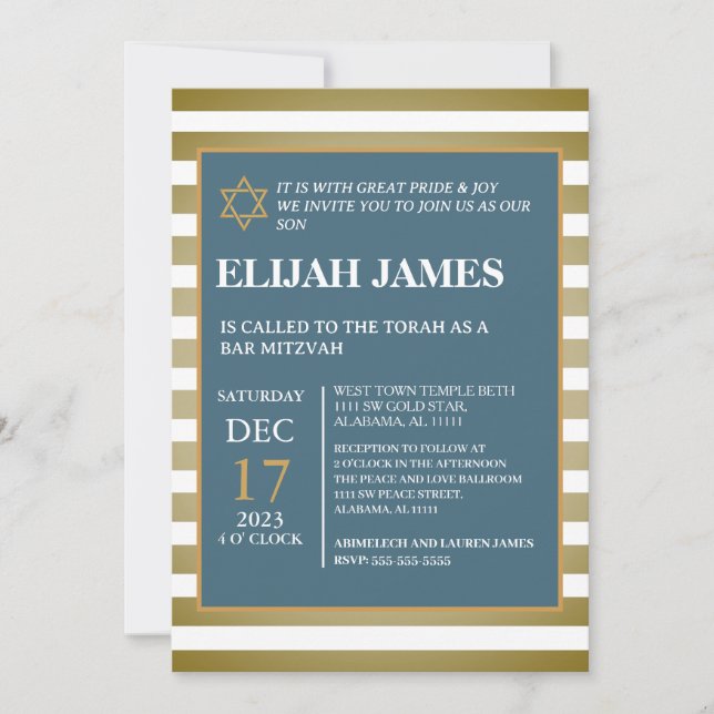 Modern Elegant Blå Guld Davidstjärna Bar Mitzvah Inbjudningar (Framsida)