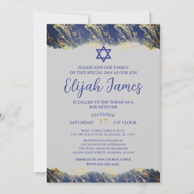 Modern Elegant Blå Guld Davidstjärna Bar Mitzvah Inbjudningar (Framsida)